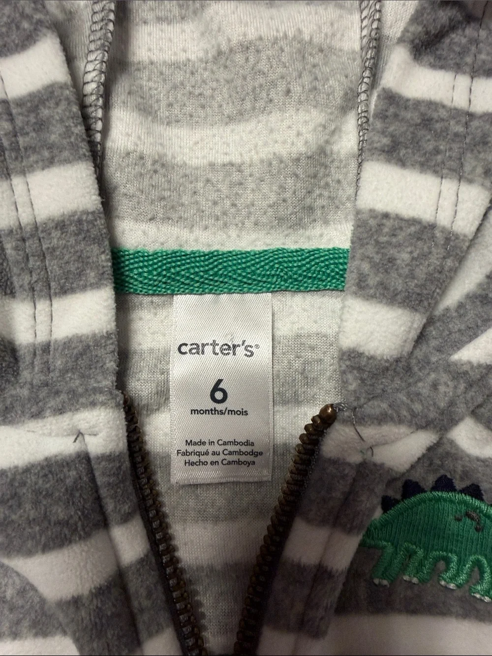 Carter's Gray & White Striped Hooded Zip Sweatshirt with Green Dino